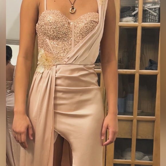 Pants - Elegant Women's Satin High-Slit Skirted Jumpsuit - Blush